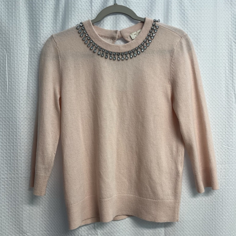 Kate Spade Pale Pink Cashmere Wool Blend Rhinestone Necklace Collar Sweater